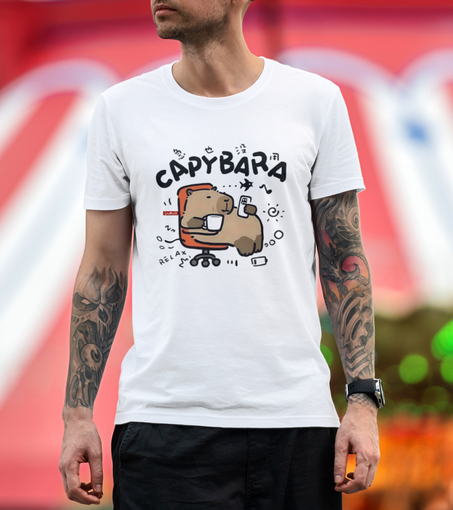 Capybara Relaxing On Office Chair With Coffee And Phone T-Shirt