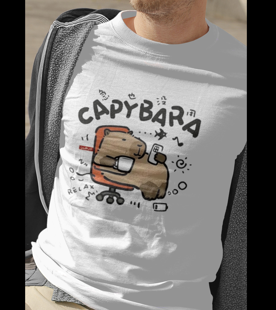 Capybara Relaxing On Office Chair With Coffee And Phone T-Shirt