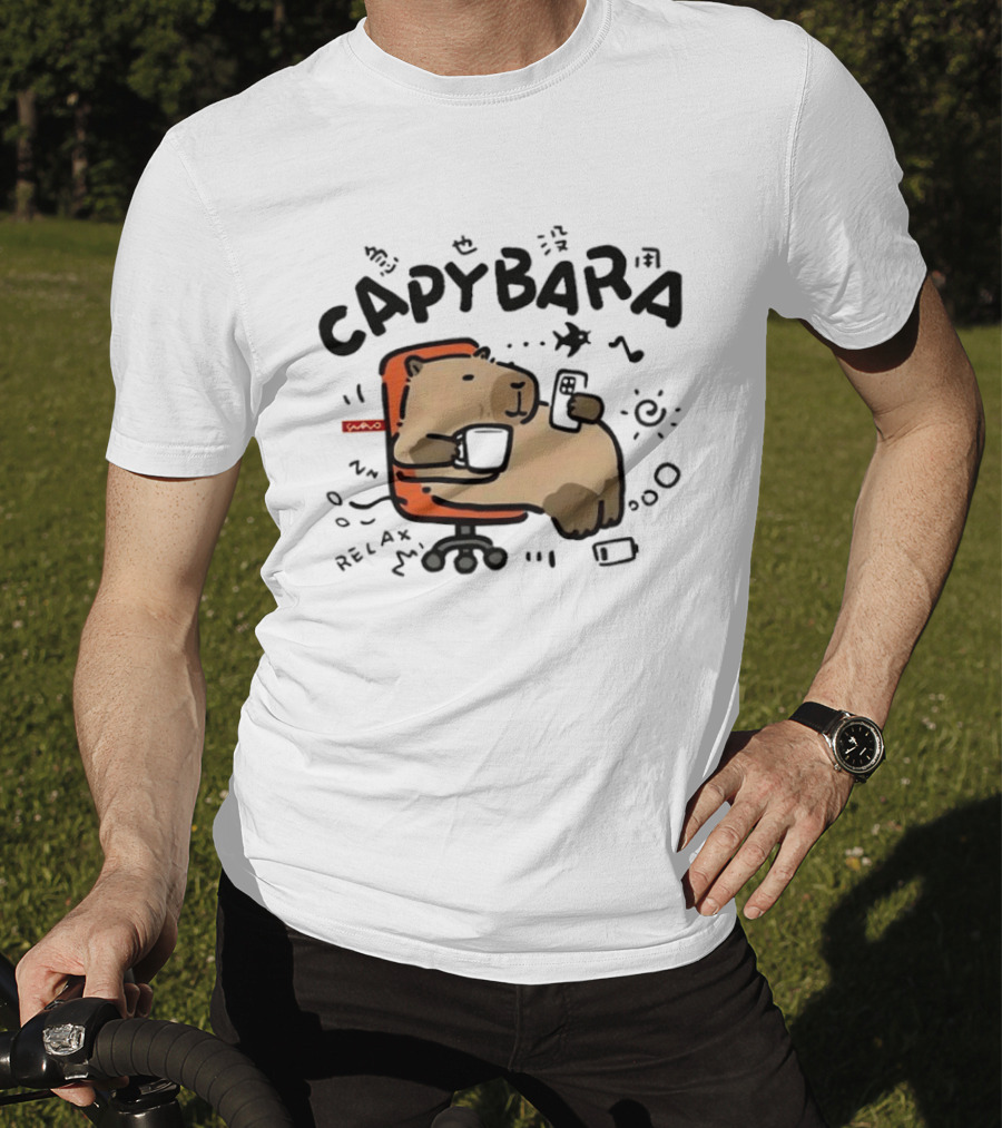 Capybara Relaxing On Office Chair With Coffee And Phone T-Shirt