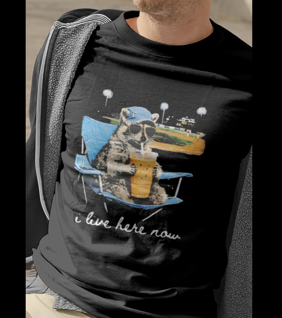 Raccoon I Live Here Now Funny Coffee Lover Camping Chair Sunglasses Baseball Cap T-Shirt
