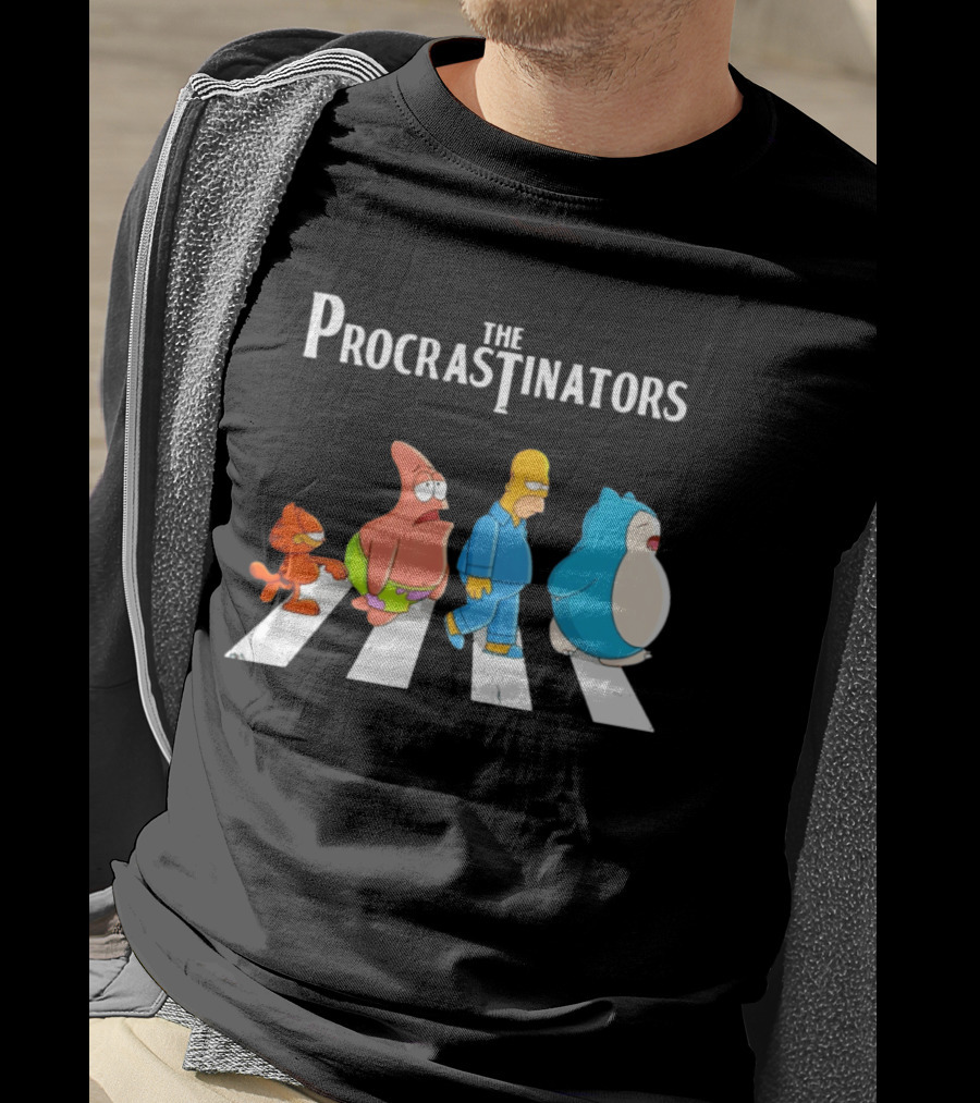 The Procrastinators Cartoon Abbey Road Parody With Iconic Characters Crossing T-Shirt