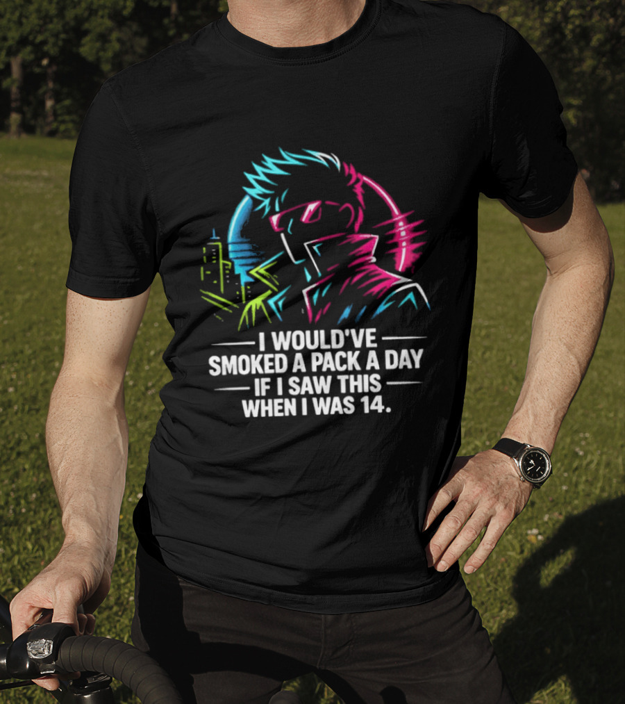 I Would've Smoked A Pack A Day If I Saw This When I Was 14 Retro Cyberpunk Cool Neon Cityscape T-Shirt
