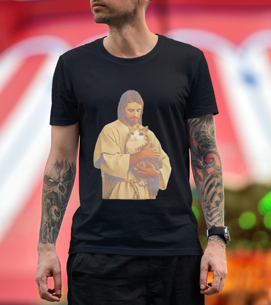 Jesus Embracing Chubby Cat T-Shirt