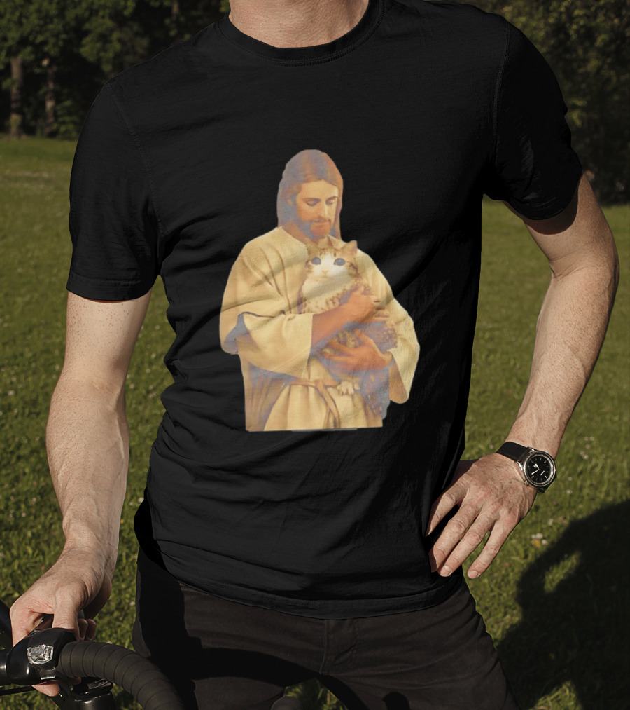 Jesus Embracing Chubby Cat T-Shirt