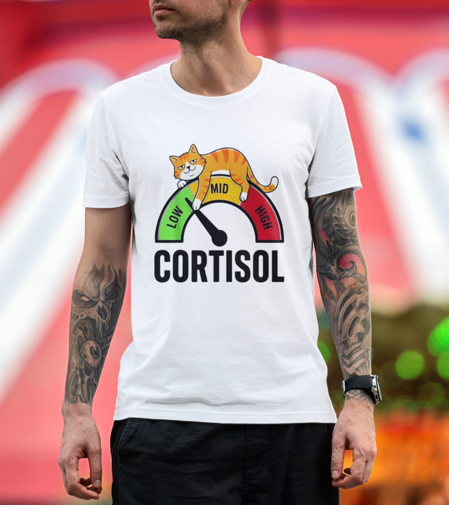Cat Low Mid High Cortisol Level Meter With Relaxed Orange Cat T-Shirt