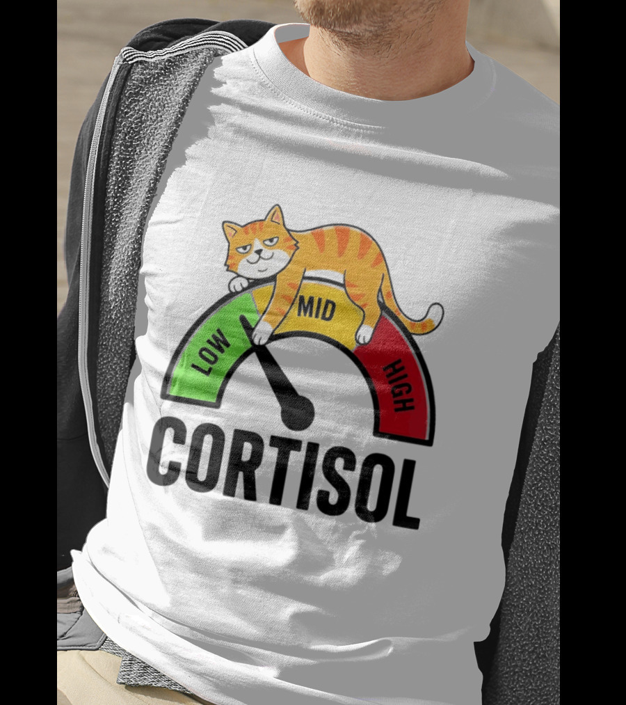 Cat Low Mid High Cortisol Level Meter With Relaxed Orange Cat T-Shirt