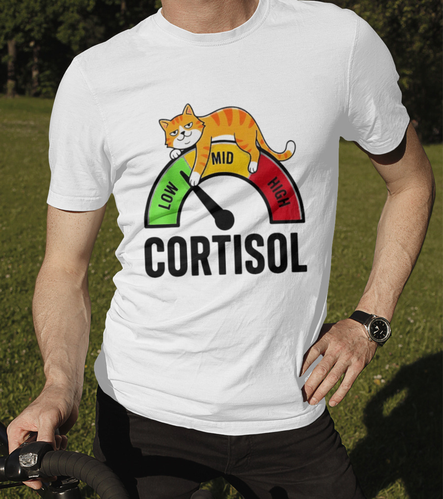 Cat Low Mid High Cortisol Level Meter With Relaxed Orange Cat T-Shirt