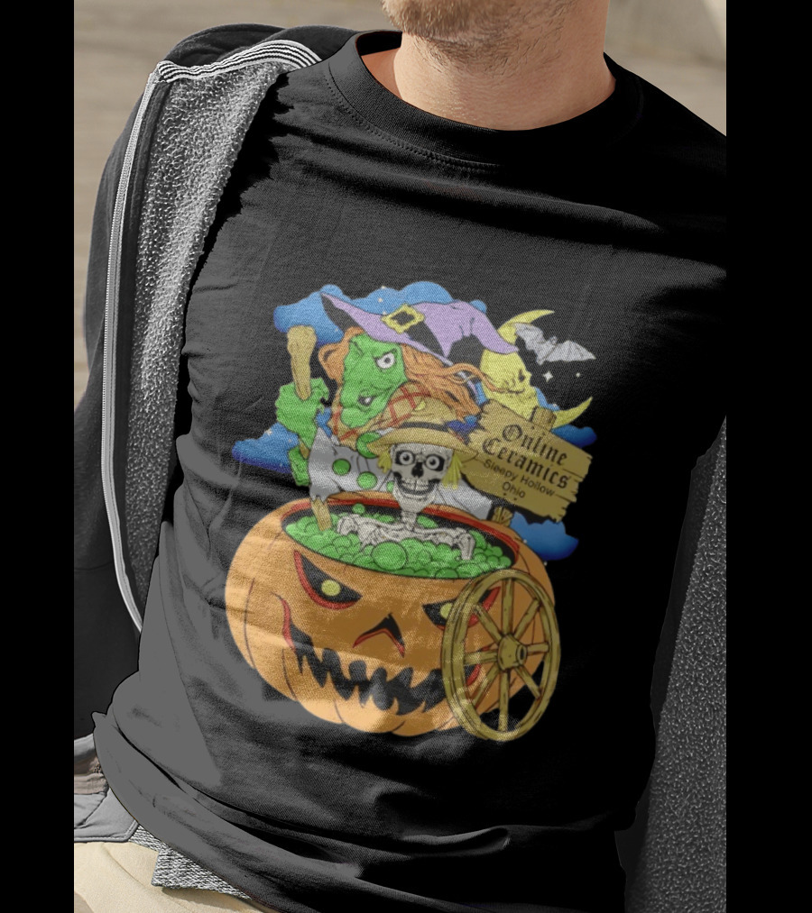 Online Ceramics Sleepy Hollow Ohio Witch Skeleton Pumpkin Cauldron Scene T-Shirt