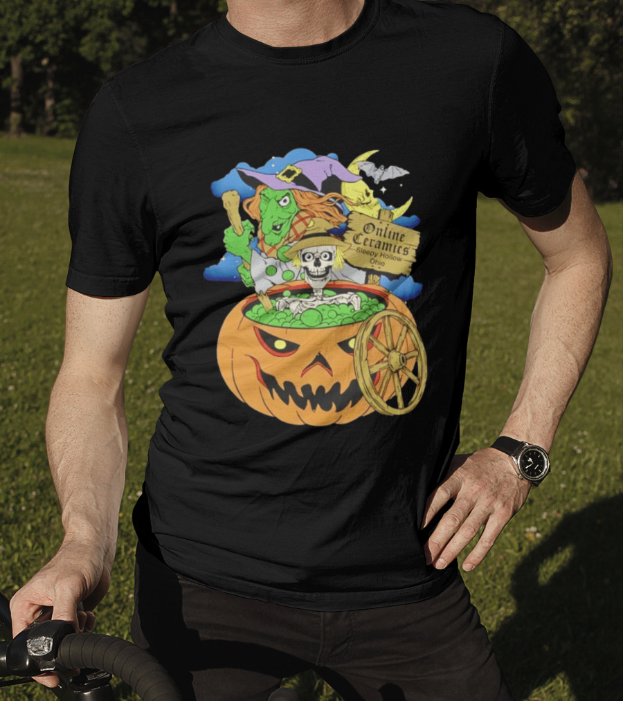 Online Ceramics Sleepy Hollow Ohio Witch Skeleton Pumpkin Cauldron Scene T-Shirt
