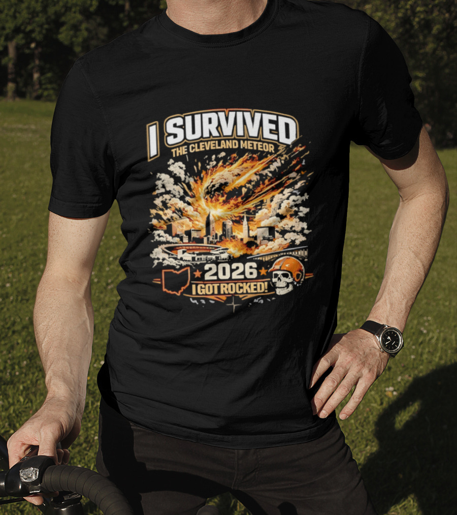 I Survived The Cleveland Meteor 2026 I Got Rocked Explosion Skull Helmet City Skyline T-Shirt