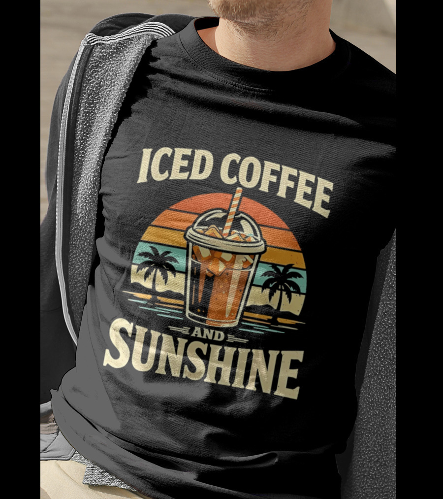 Iced Coffee And Sunshine Beach Vibes With Palm Trees And Sunset T-Shirt
