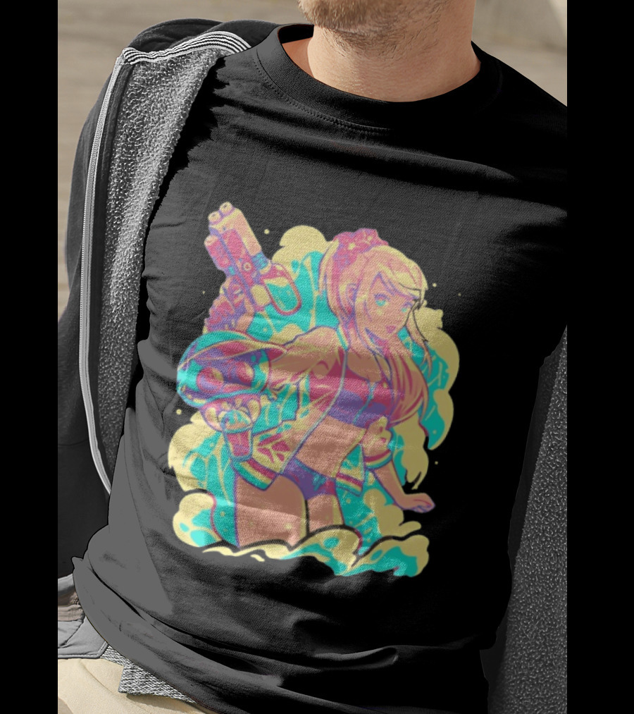 Metroid Water Games Neon Anime Girl With Water Gun And Floating Creature T-Shirt