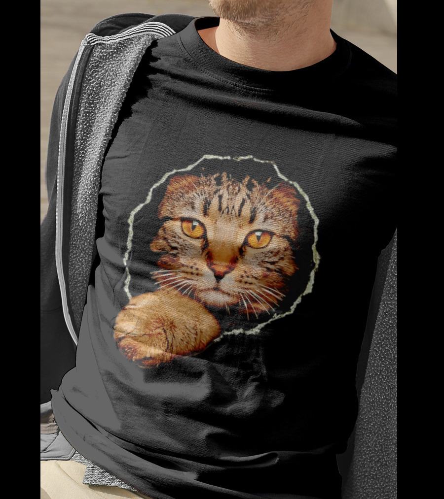 Tabby Cat Golden Eyes Peeking Through Handsome Brown T-Shirt