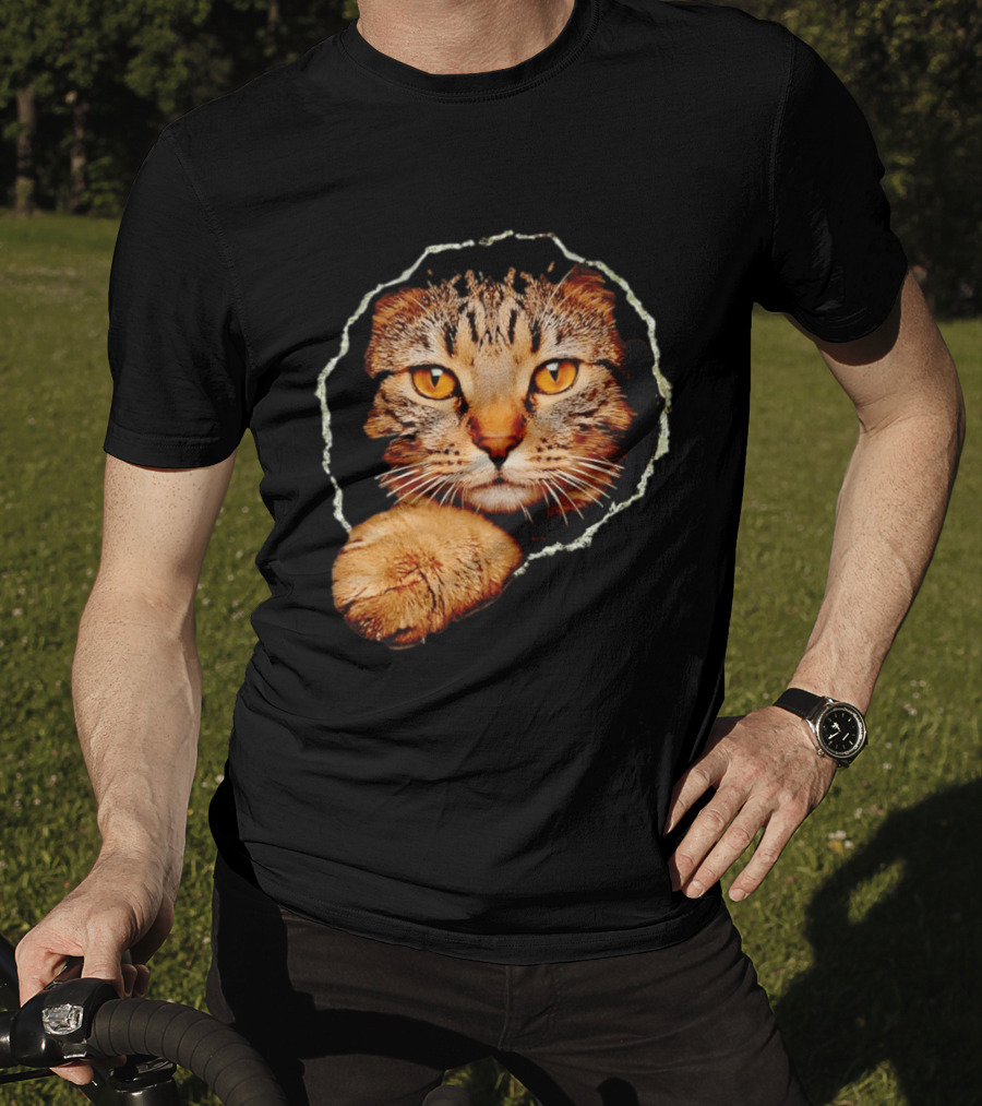 Tabby Cat Golden Eyes Peeking Through Handsome Brown T-Shirt