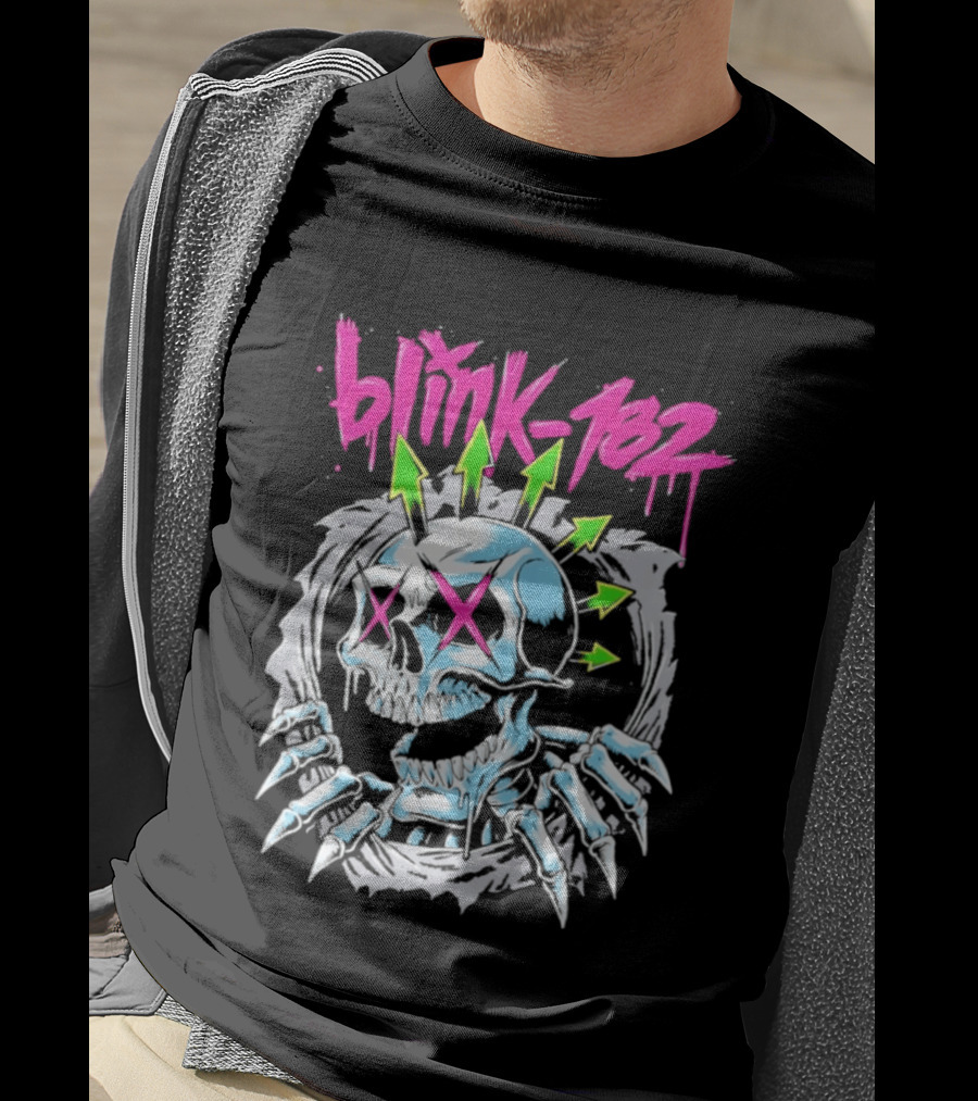 Blink 182 Pink Script With Neon Green Arrows And Punk Skull T-Shirt