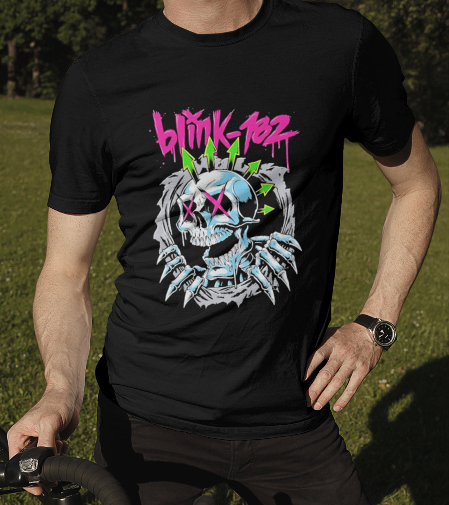 Blink 182 Pink Script With Neon Green Arrows And Punk Skull T-Shirt