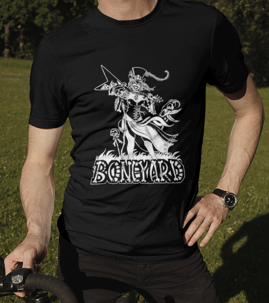 Boneyard Rocker Skeleton Woman Flying V Guitar T-Shirt