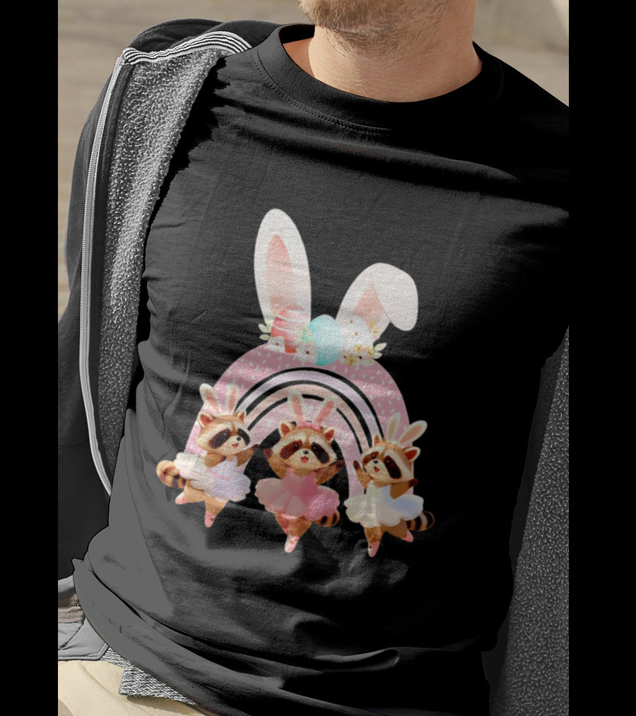 Ballet Dancer Ballerina Raccoons With Easter Bunny Ears And Eggs T-Shirt