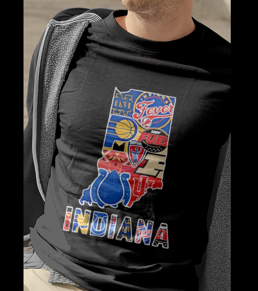 Indiana Sports Team Logos Map Featuring Colts Pacers Fever Hoosiers Fighting Irish Fuel T-Shirt