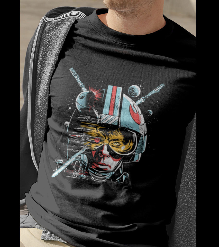 Luke Skywalker Helmet With Blaster And Planets T-Shirt