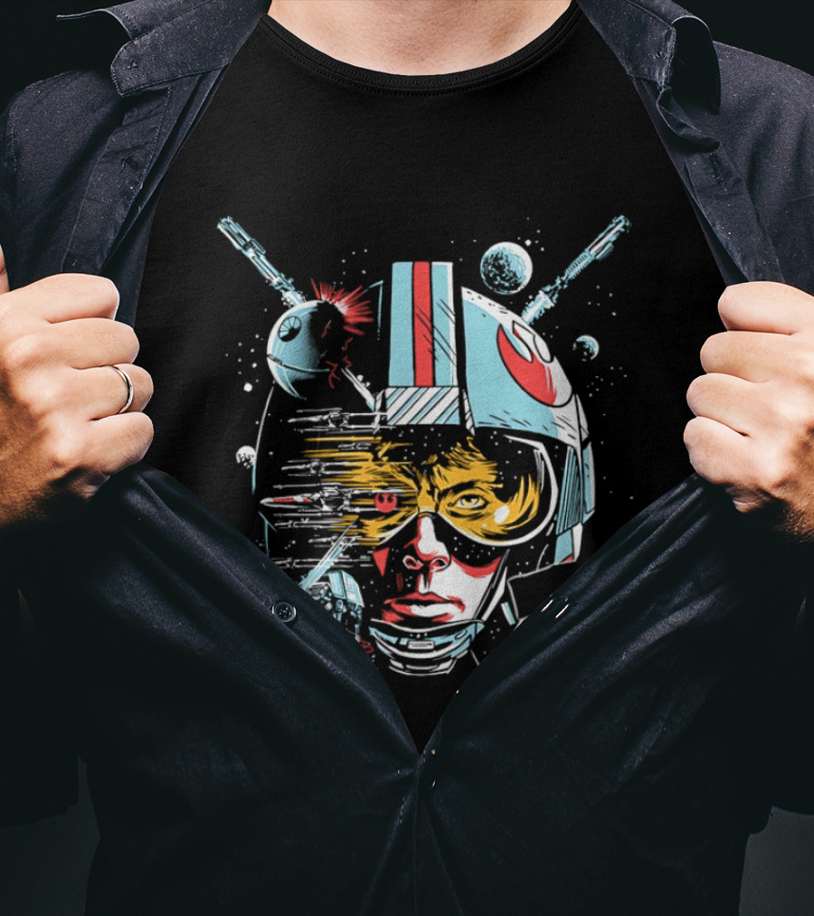 Luke Skywalker Helmet With Blaster And Planets T-Shirt