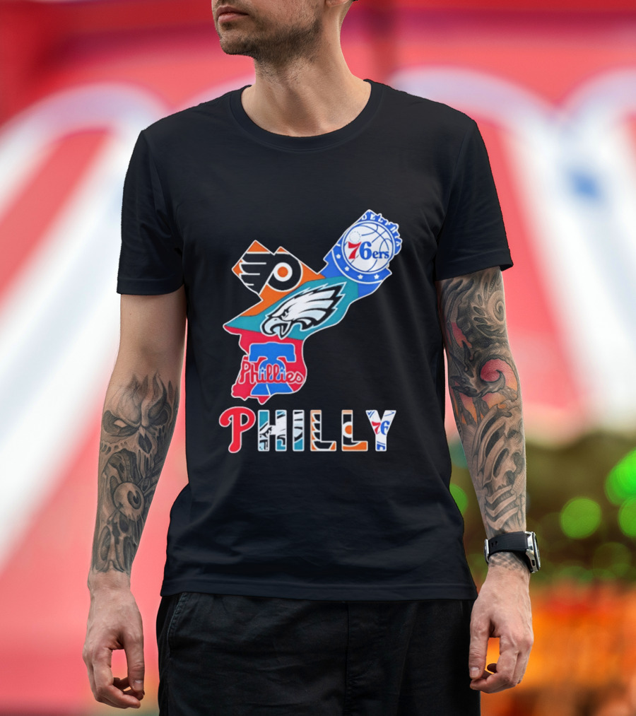Philadelphia Flyers 76ers Eagles Phillies PHILLY Sports Logos State Map T-Shirt