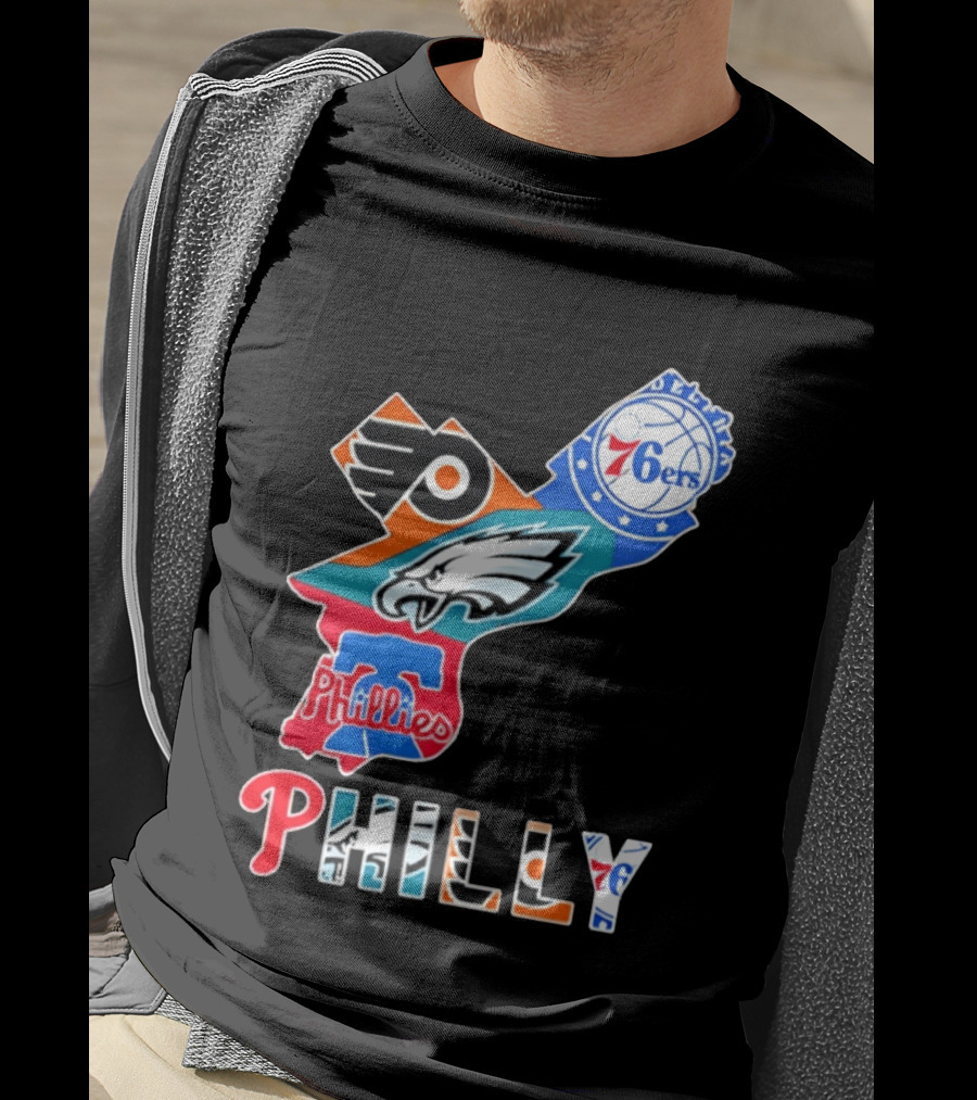 Philadelphia Flyers 76ers Eagles Phillies PHILLY Sports Logos State Map T-Shirt