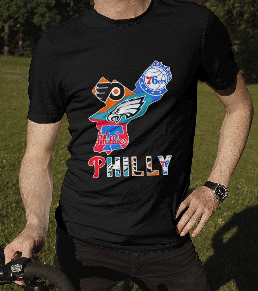 Philadelphia Flyers 76ers Eagles Phillies PHILLY Sports Logos State Map T-Shirt