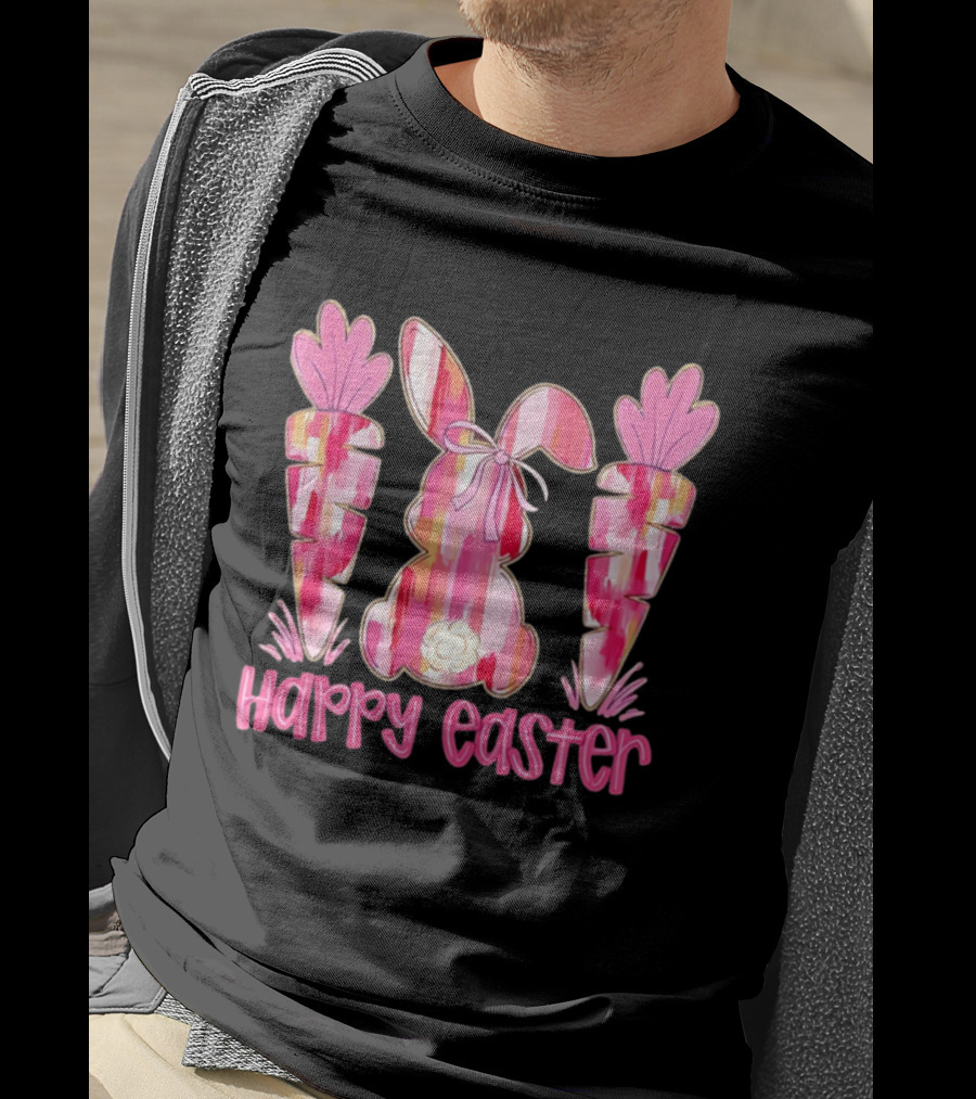 Pink Brushstroke Bunny Carrot Happy Easter T-Shirt