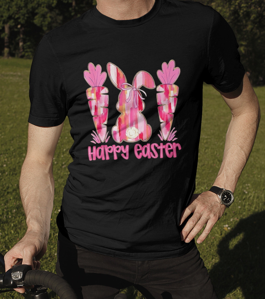 Pink Brushstroke Bunny Carrot Happy Easter T-Shirt