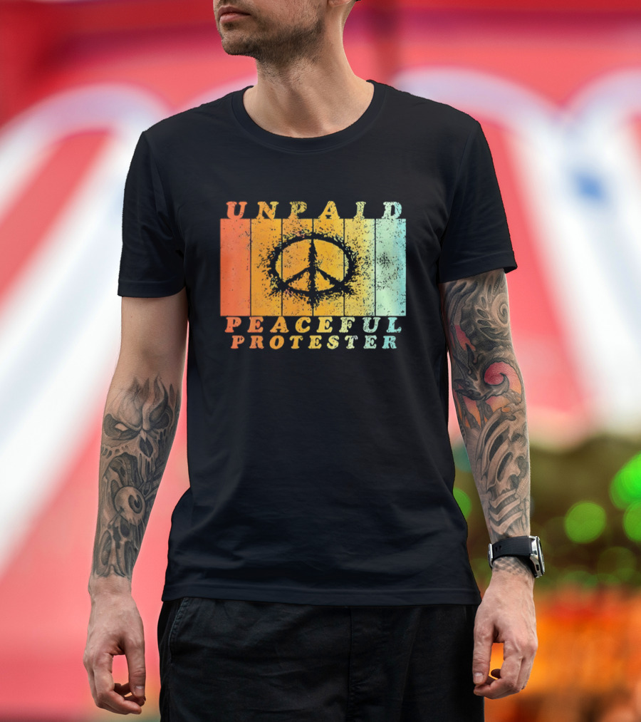 Unpaid Peaceful Protester Identity With Vintage Peace Symbol Rainbow Stripes T-Shirt