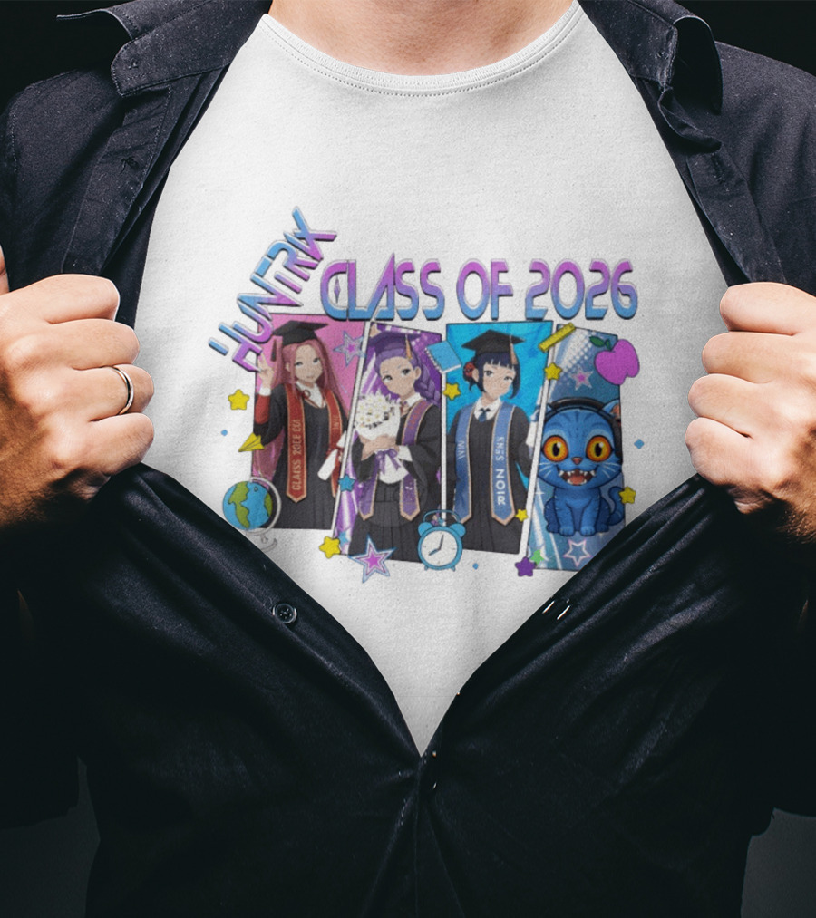 Huntik Class Of 2026 Graduation Celebration With Anime Characters And Cat T-Shirt