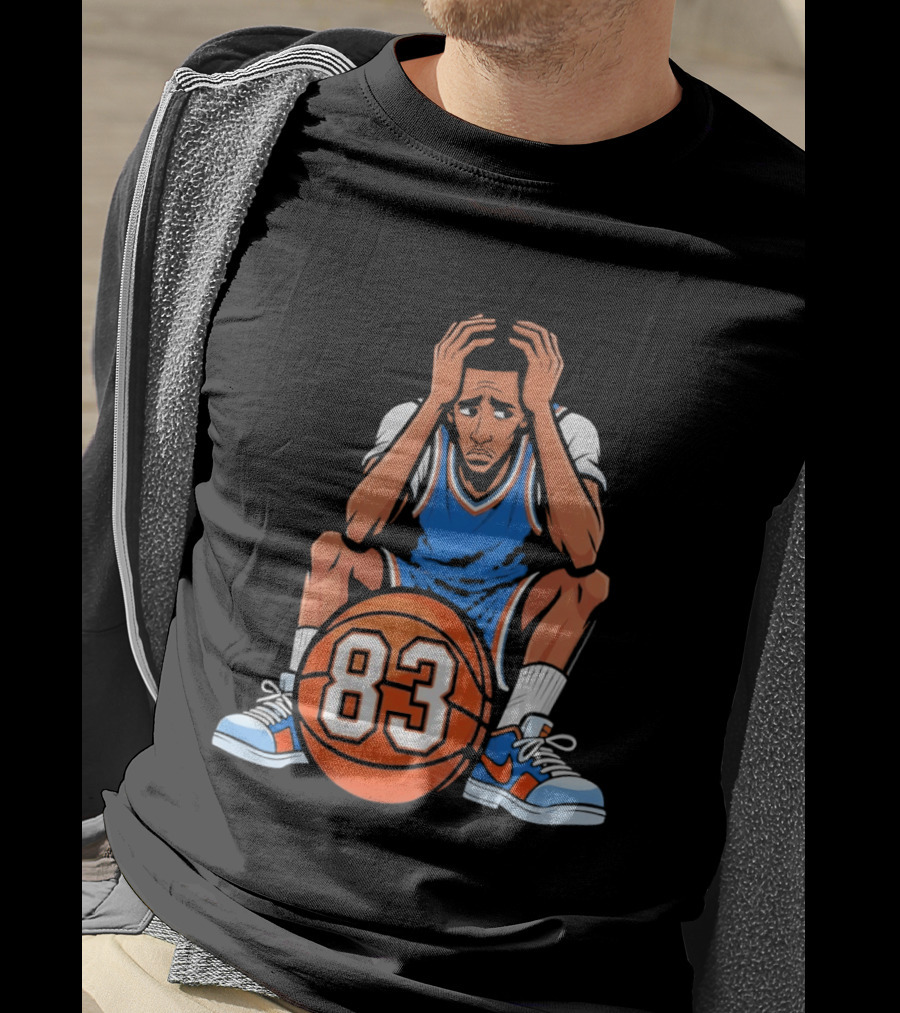 Basketball Player Caricature 83 Sitting Blue Orange Jersey Sneakers T-Shirt