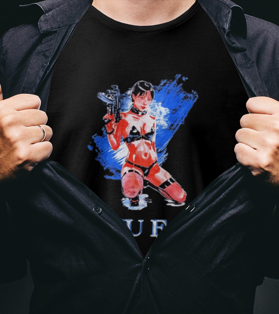 Bleu Face Anime Girl With Gun And Blue Brushstroke T-Shirt