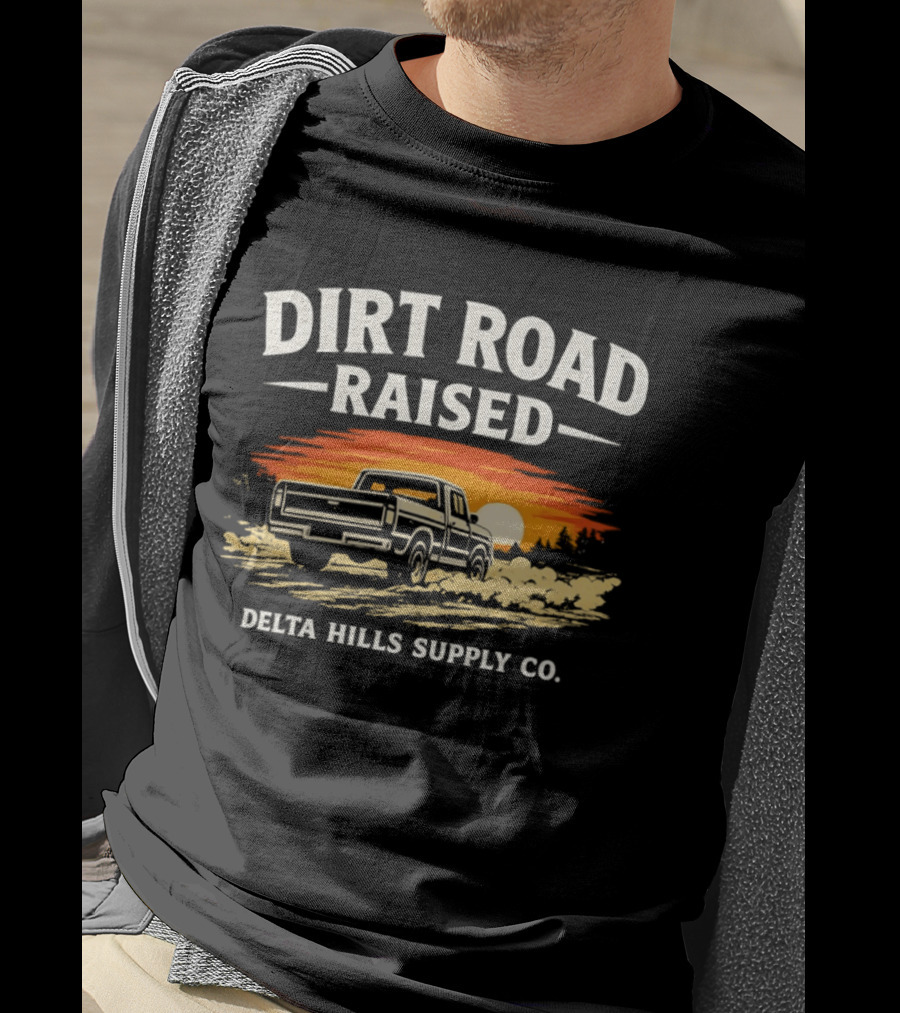 Dirt Road Raised Delta Hills Supply Co Vintage Pick Up Truck Sunset T-Shirt
