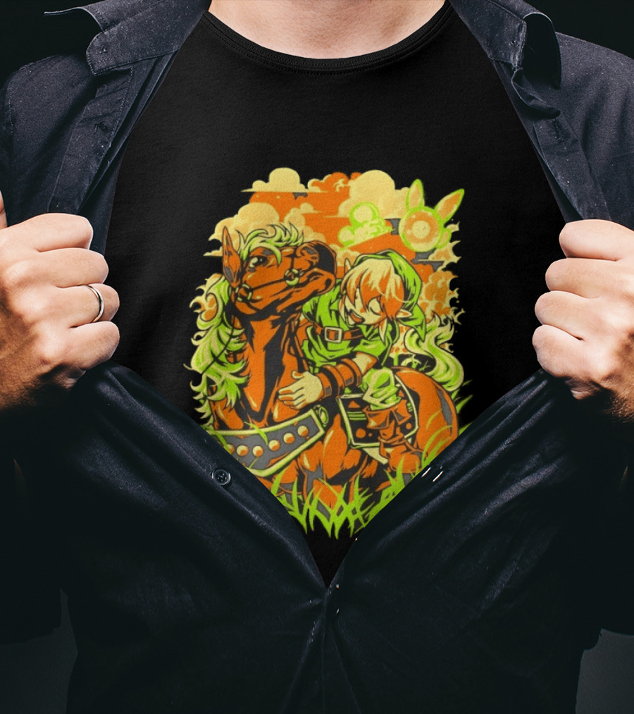 Link Epona Navi Fields Retro Gaming Adventure Fantasy T-Shirt