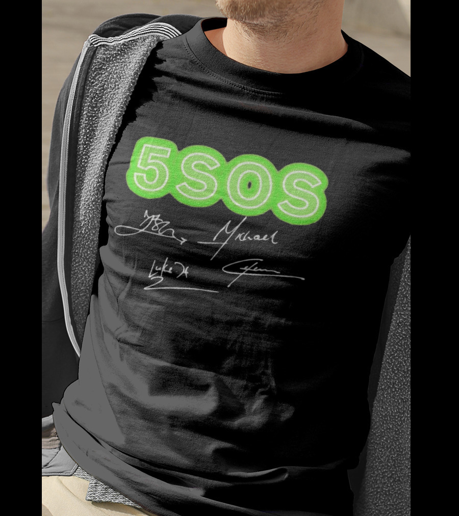5SOS Luke Hemmings Calum Hood Ashton Irwin Michael Clifford Signatures Neon Green T-Shirt