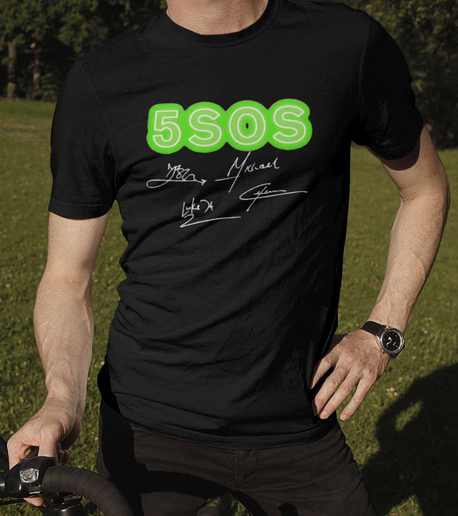 5SOS Luke Hemmings Calum Hood Ashton Irwin Michael Clifford Signatures Neon Green T-Shirt