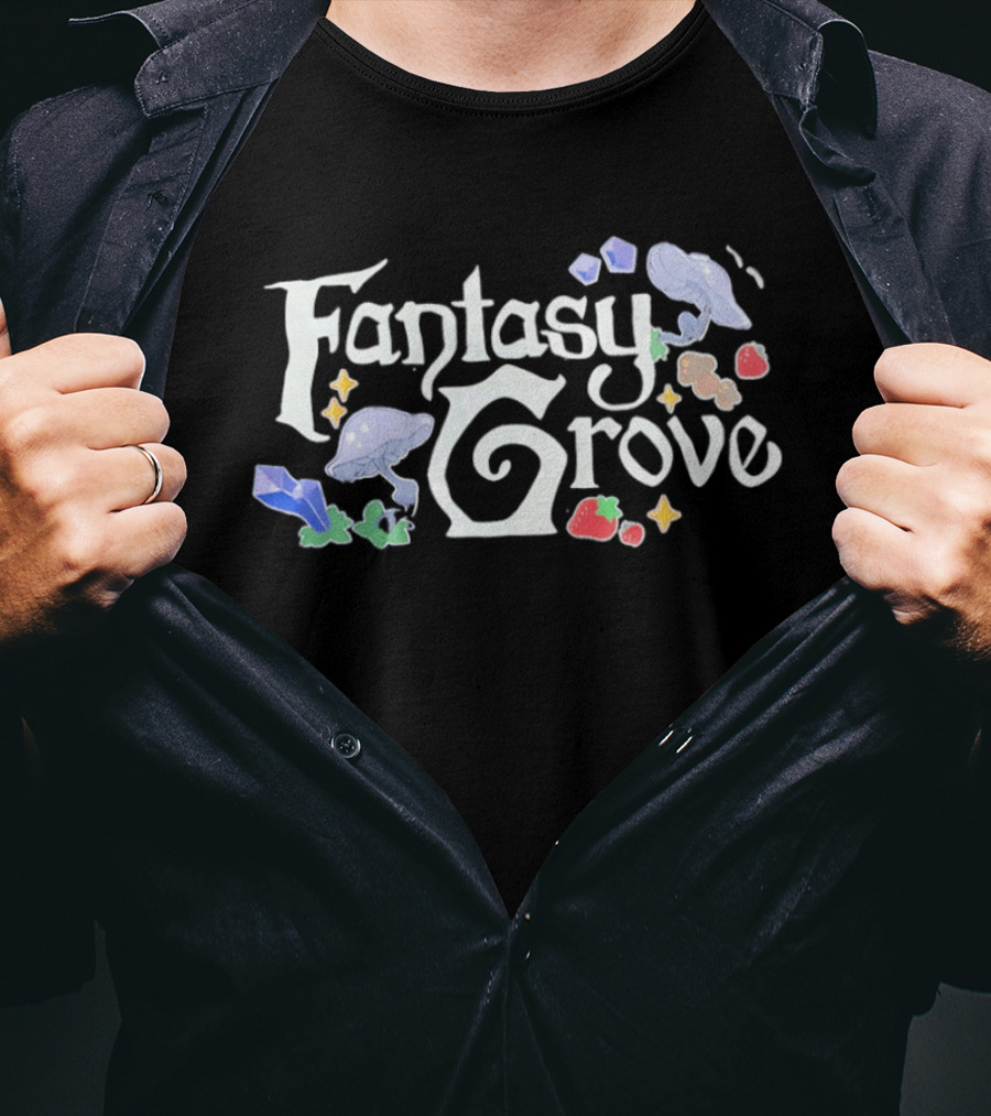 Fantasy Grove Mushrooms Strawberries Gems Whimsical Nature Magic T-Shirt