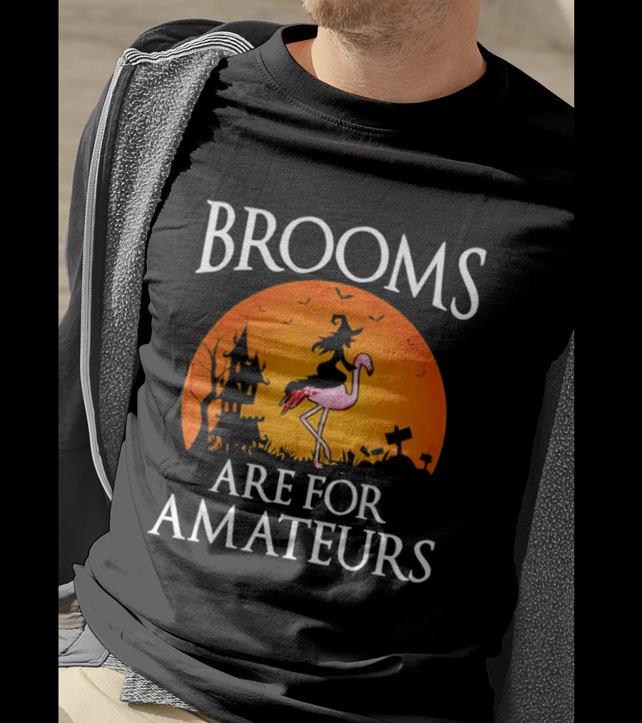 Brooms Are For Amateurs Flamingo Witch Halloween T-Shirt