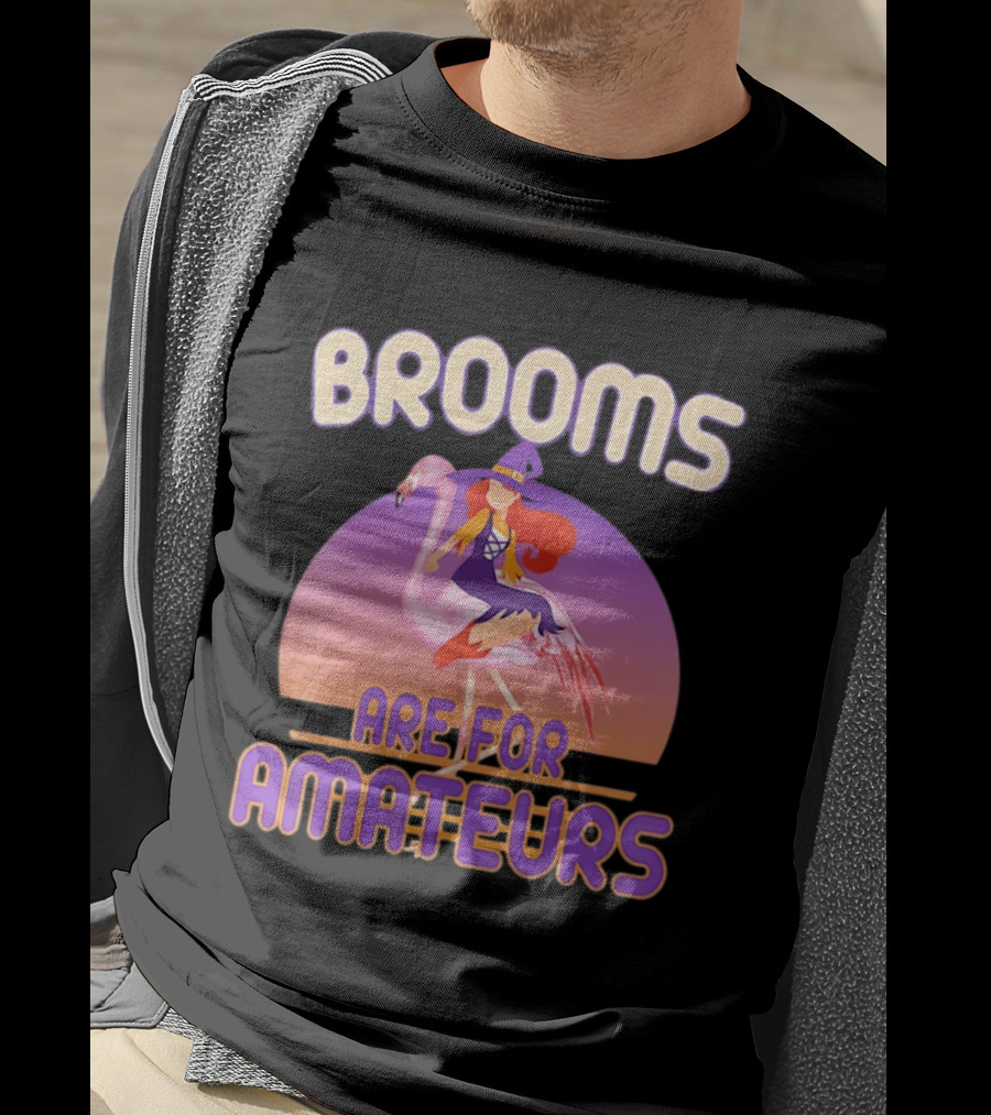 Brooms Are For Amateurs Witch Riding Flamingo T-Shirt