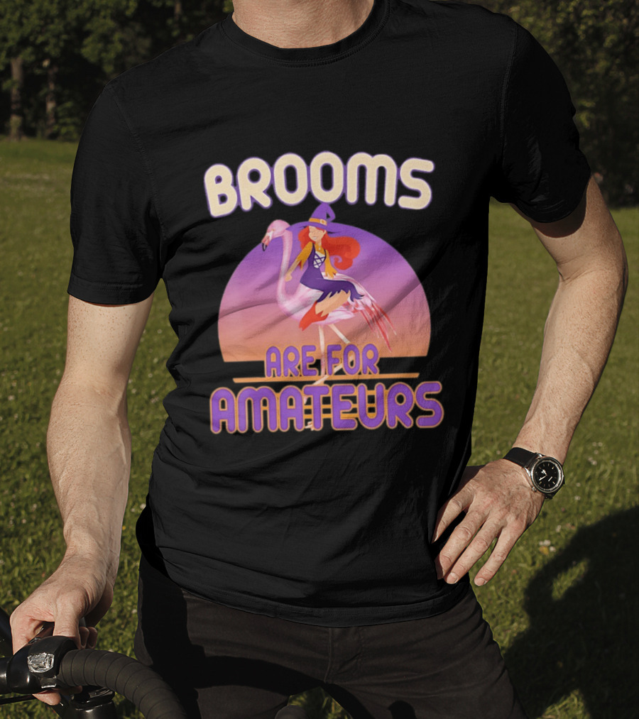 Brooms Are For Amateurs Witch Riding Flamingo T-Shirt