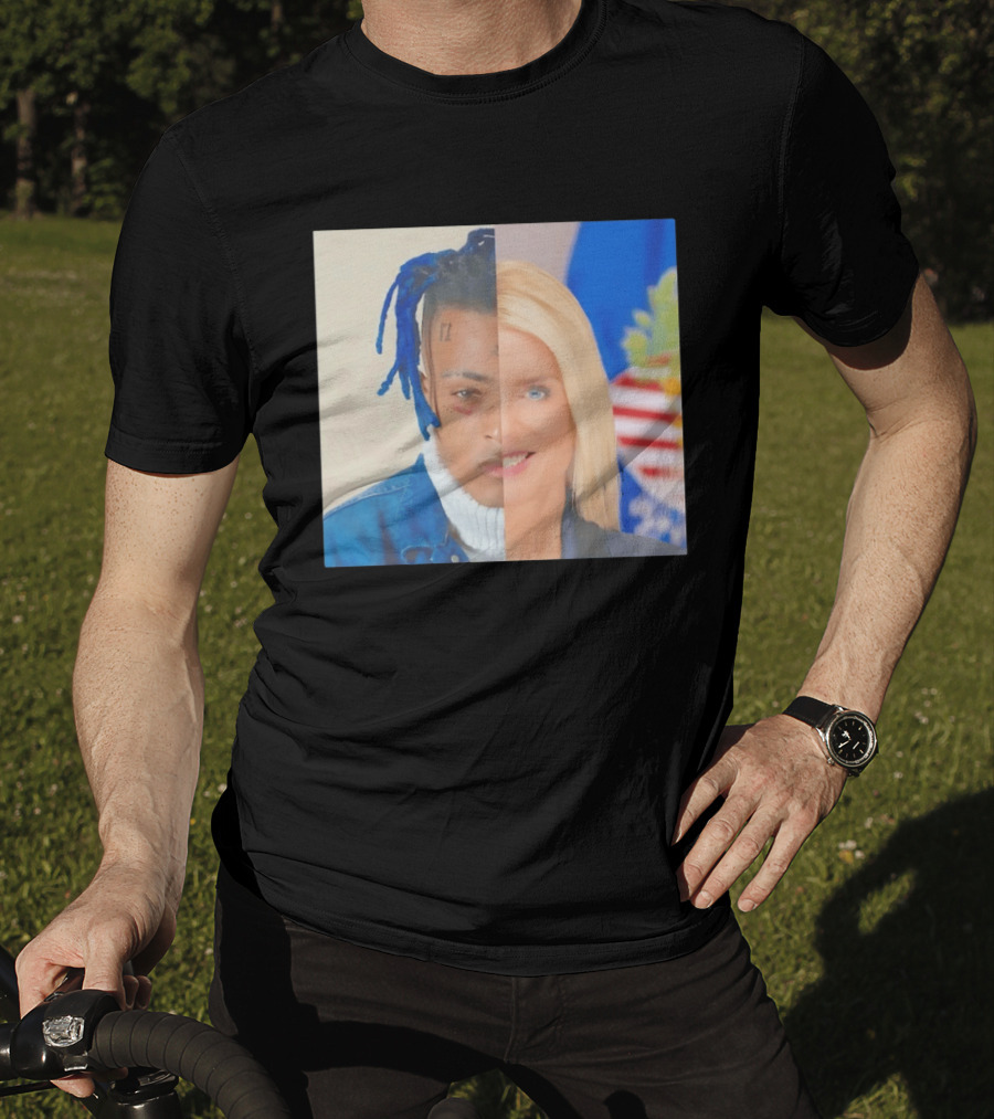 XXXTentacion Pam Bondi Split Image Face Half Blue Dreads Tattoos American Flag T-Shirt