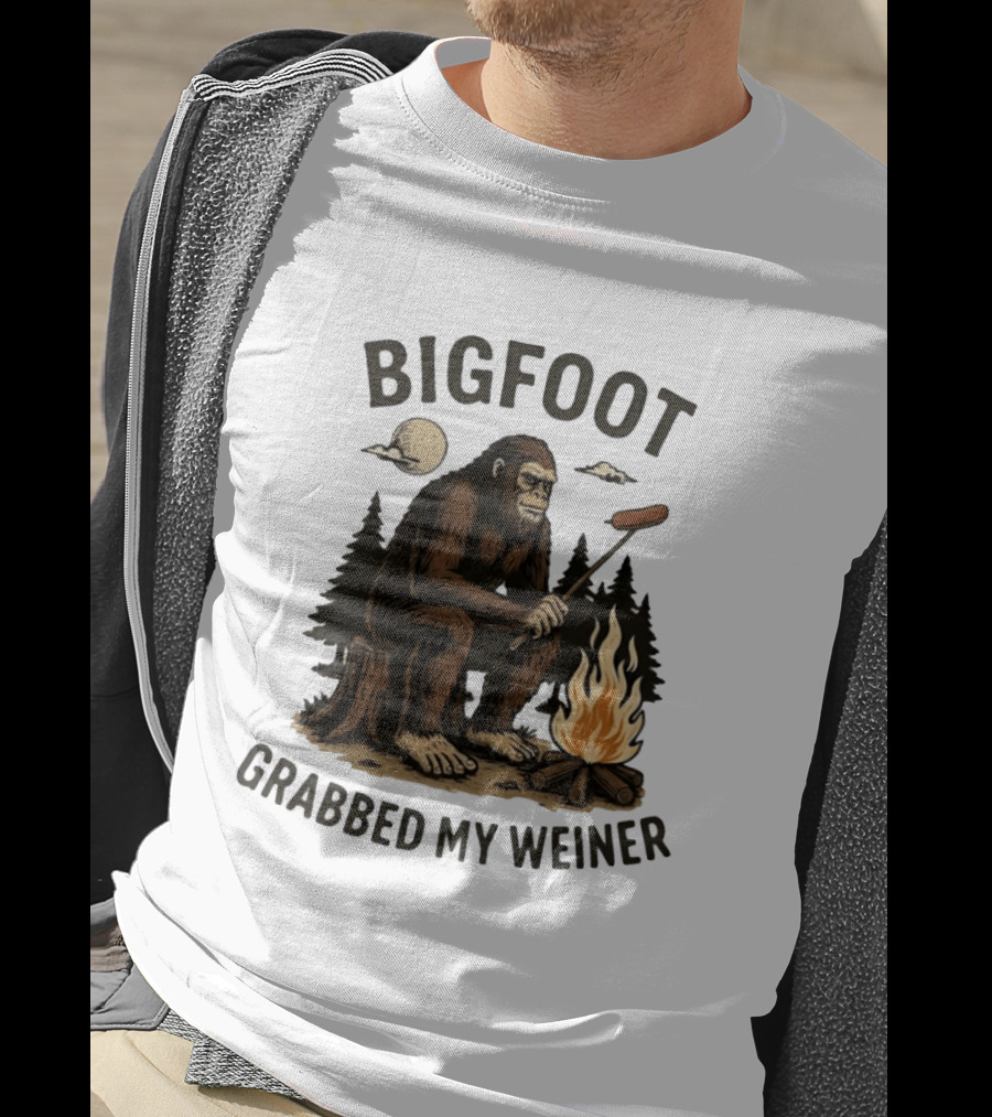 Bigfoot Grabbing My Weiner Campfire Sausage Grilling Moonlit Forest T-Shirt