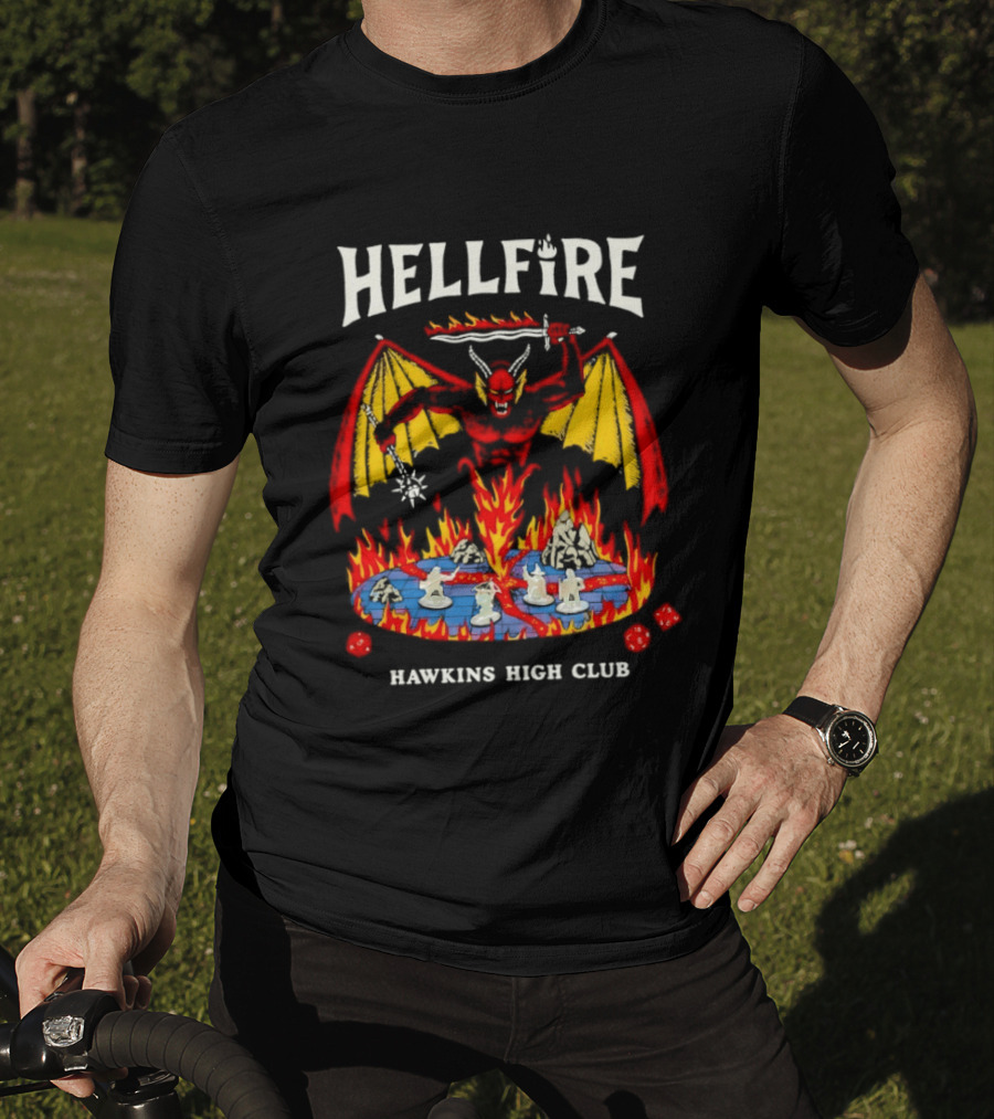 Hellfire Hawkins High Club Demon With Flames And Dice T-Shirt