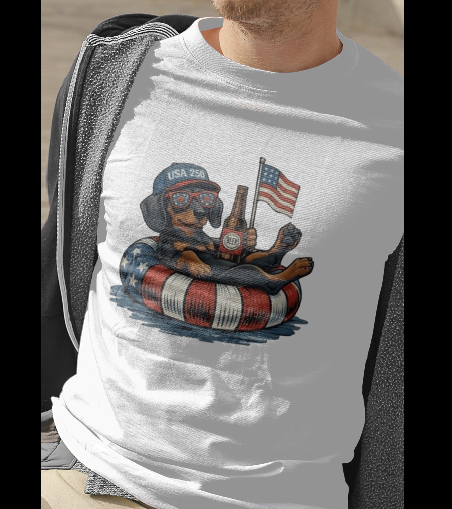 USA 250 Dachshund Floating With American Flag And Beer T-Shirt