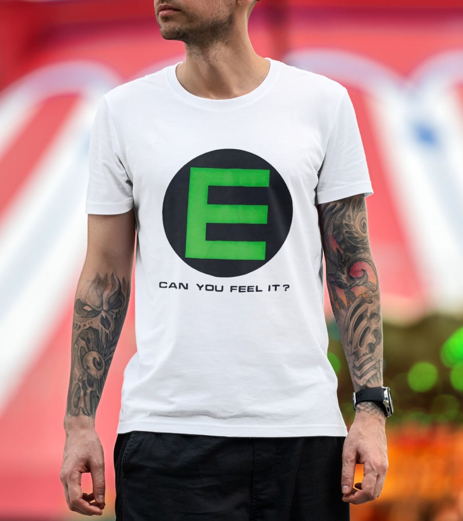 E Can You Feel It Green Block Letter T-Shirt
