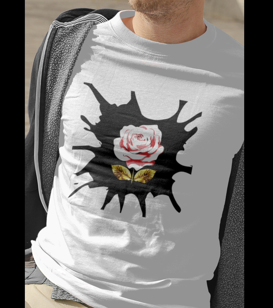 Elegant Pink Flower On Dark Splatter With Golden Leaves T-Shirt