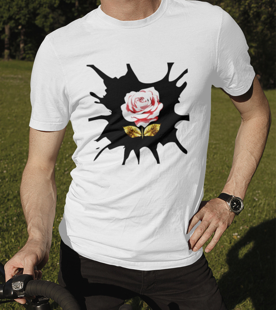Elegant Pink Flower On Dark Splatter With Golden Leaves T-Shirt