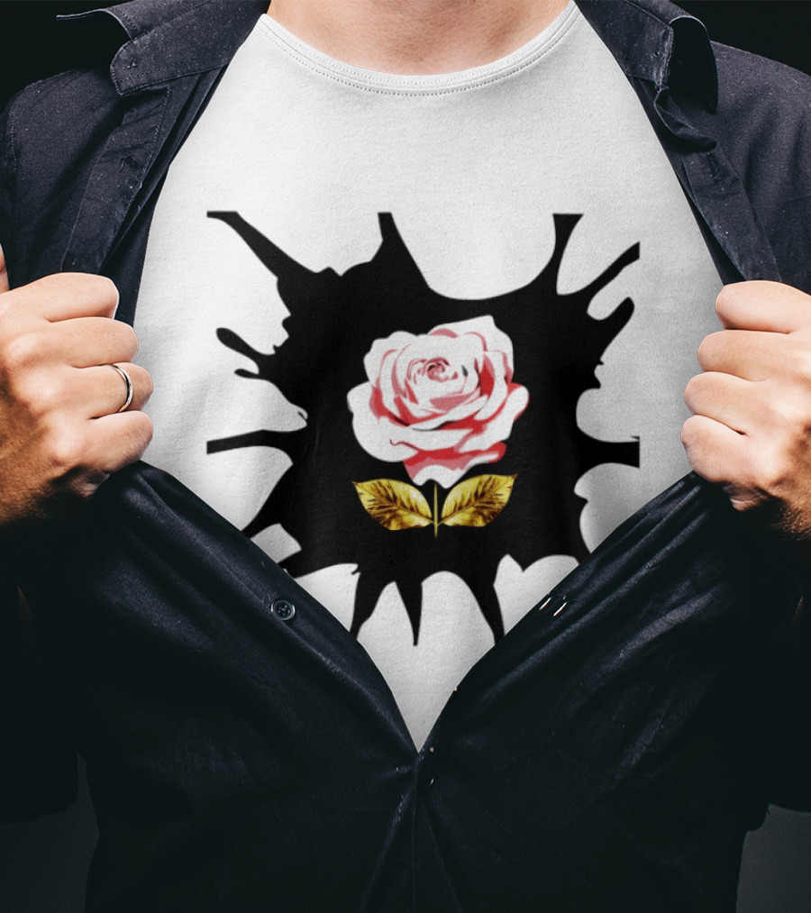 Elegant Pink Flower On Dark Splatter With Golden Leaves T-Shirt